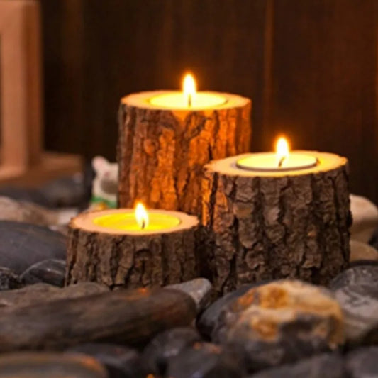 3-Piece Wooden Log Candle Holders